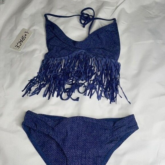 L*Space Womens Size XS Denim Fringe Bikini Set Top & Bottoms - Picture 10 of 11